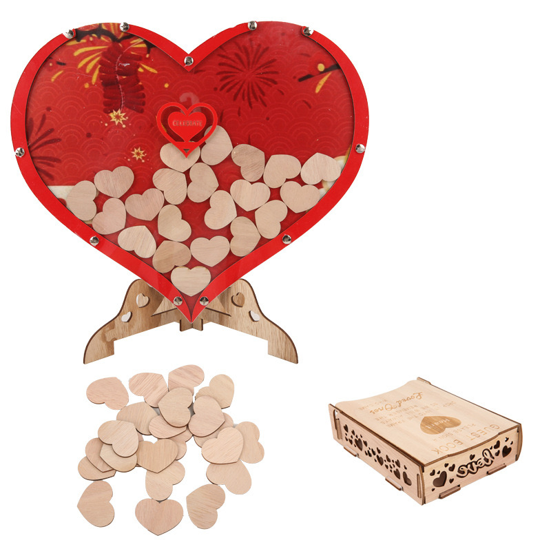 Wooden Red Heart Shape Guest Book for Wedding, Birthday, Party Decoration
