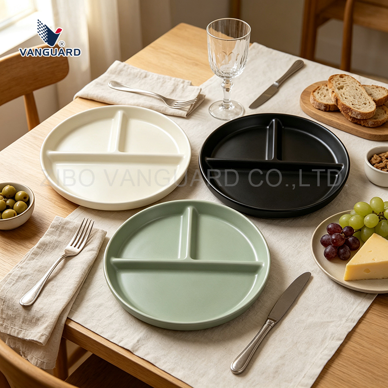 High Quality Restaurant Ceramic Buffet Plate Custom Dinner Plate 3 Compartment Porcelain Round Plate