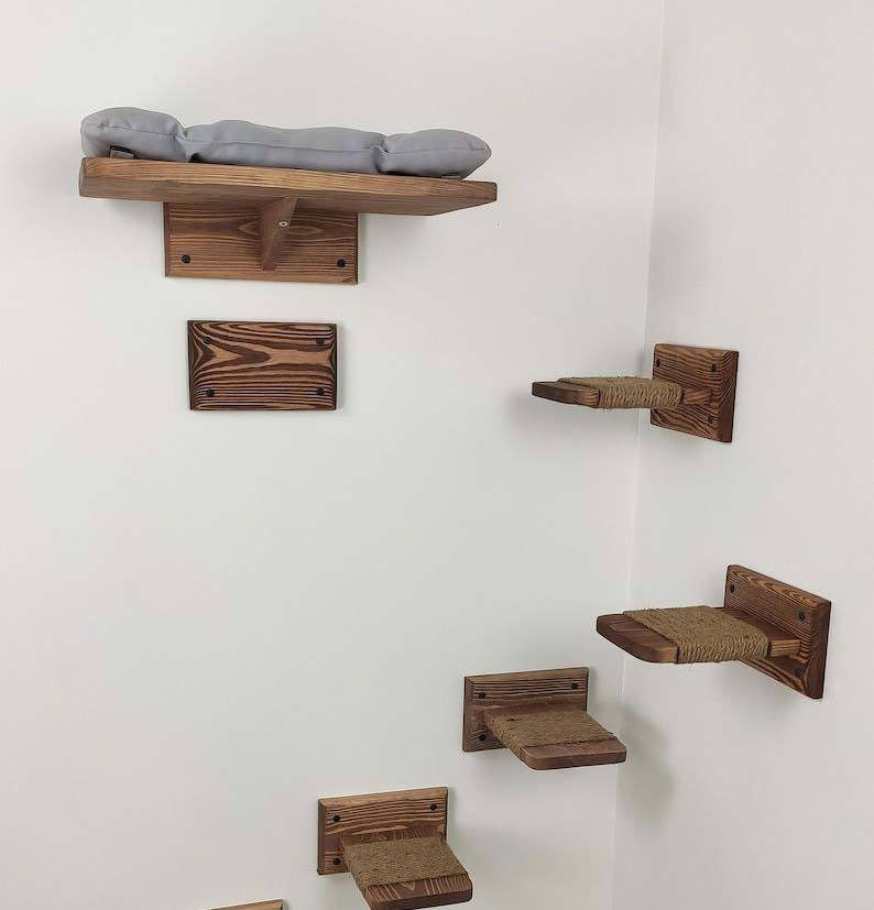 Simple Wooden Cat Wall Shelf Scratcher and Bed with Sisal Material