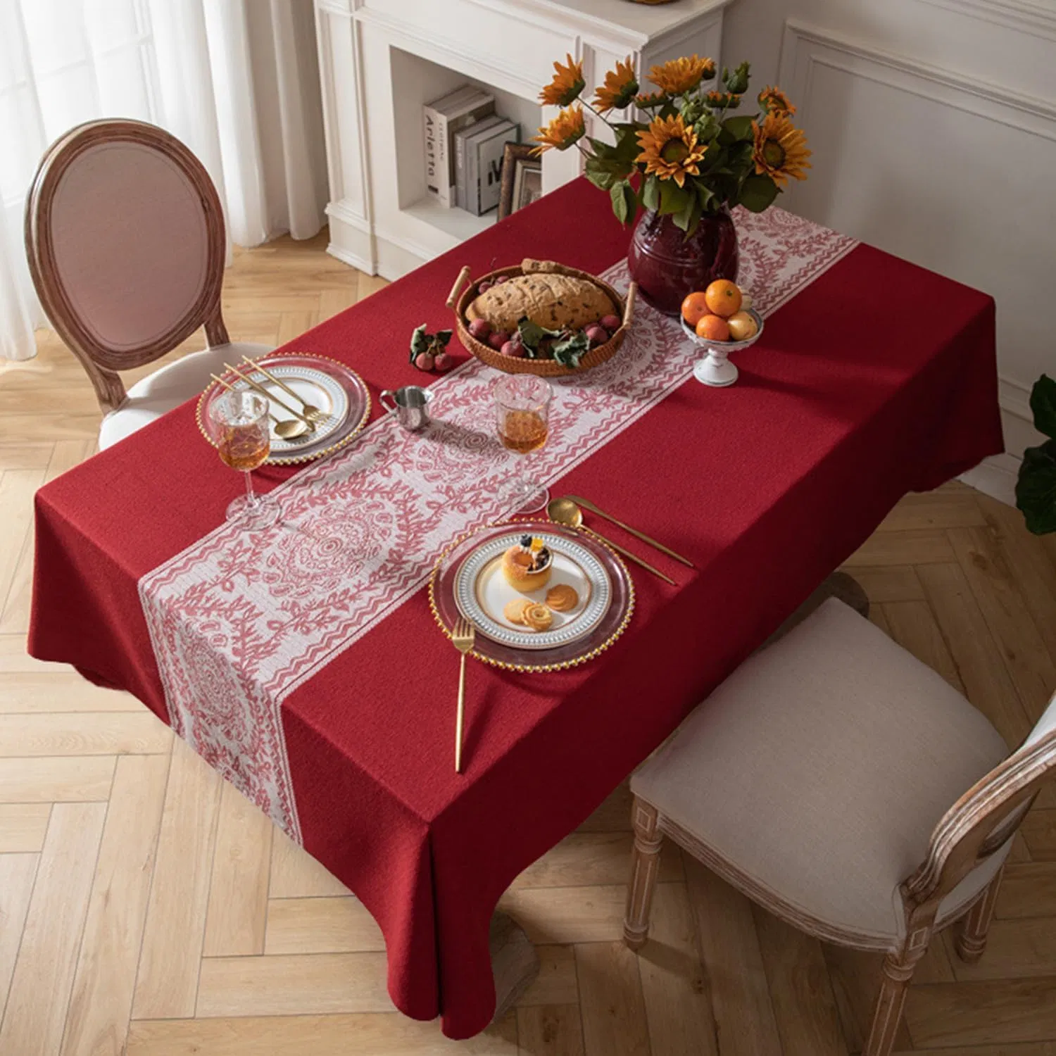 Tablecloth Linen Fabric 3D Embroidery Table Cover Wrinkle Free Anti-Fading Table Decoration for Kitchen Dining Room Christmas Red