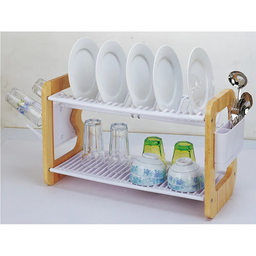 Modern Wood Handle Dish Drying Rack with Full-Mesh Storage Basket, Removable Cutlery Tray