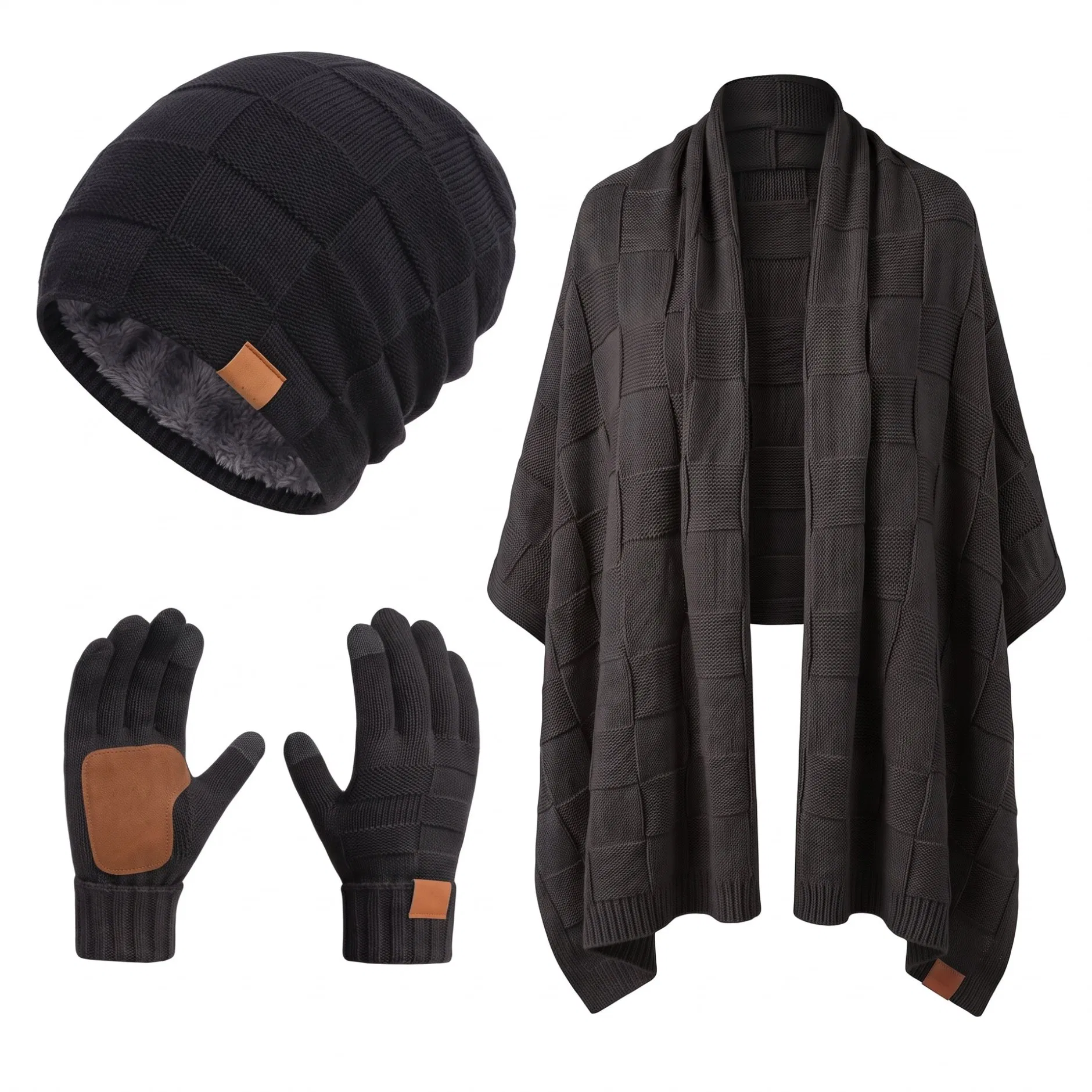 Custom Knitted Winter 3-PCS Set Fleece Lined Beanie, Scarf Touch Screen Gloves