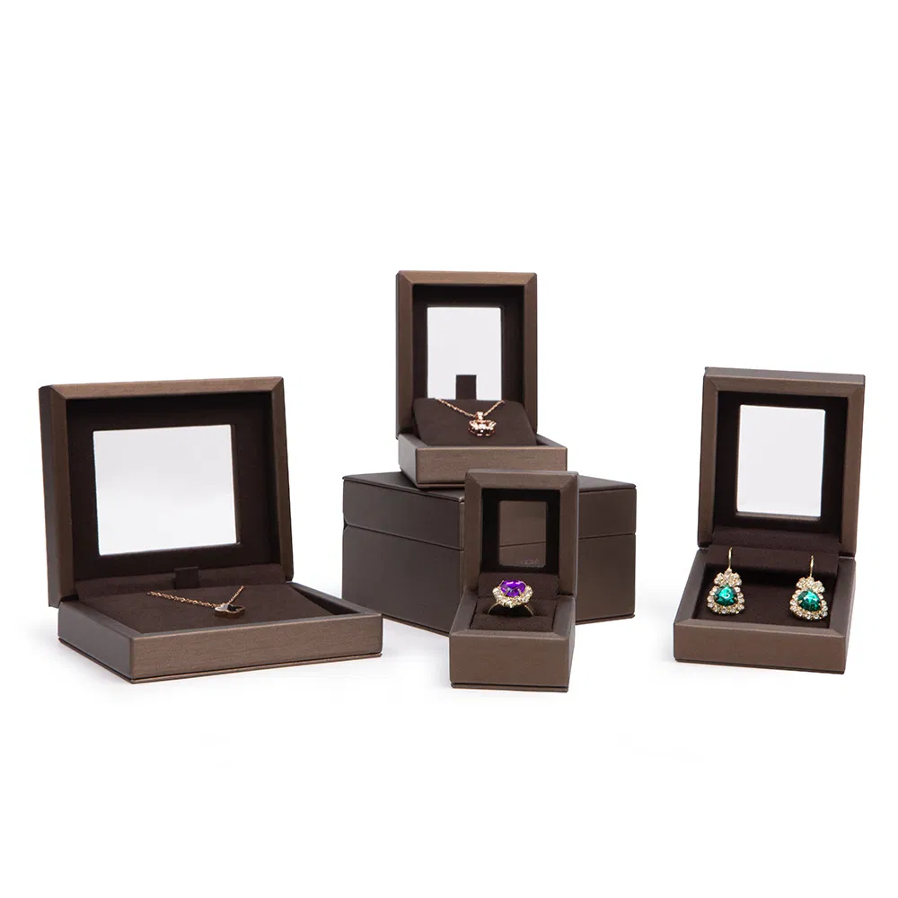 New PU Leather Wooden Box Transparent Skylight Ring Necklace Earrings Jewellery Display Box Jewellery Set Wooden Box