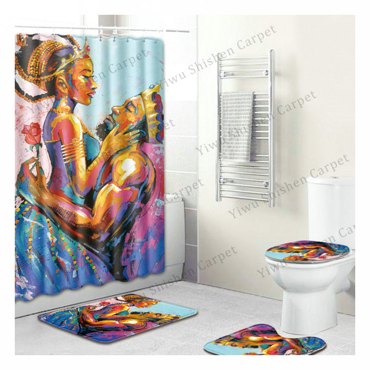 Amazon Best Sell Fabric PEVA Shower Curtain Set for Women Girl Boys Kids Toilet Set Afro Girl Shower Curtain Set