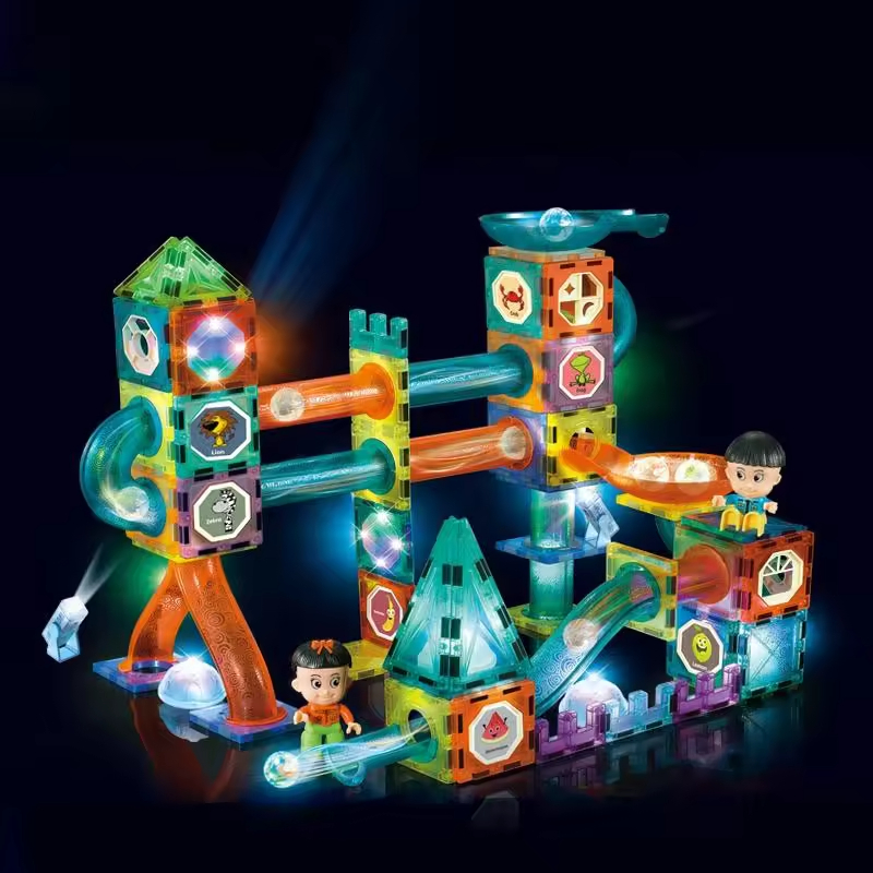 Flash Light Pipe Track Magic Magnetic Tiles Marble Run Blocks Sets Magnetic Ball Track Building Blocks Toys DIY Assembly Toy