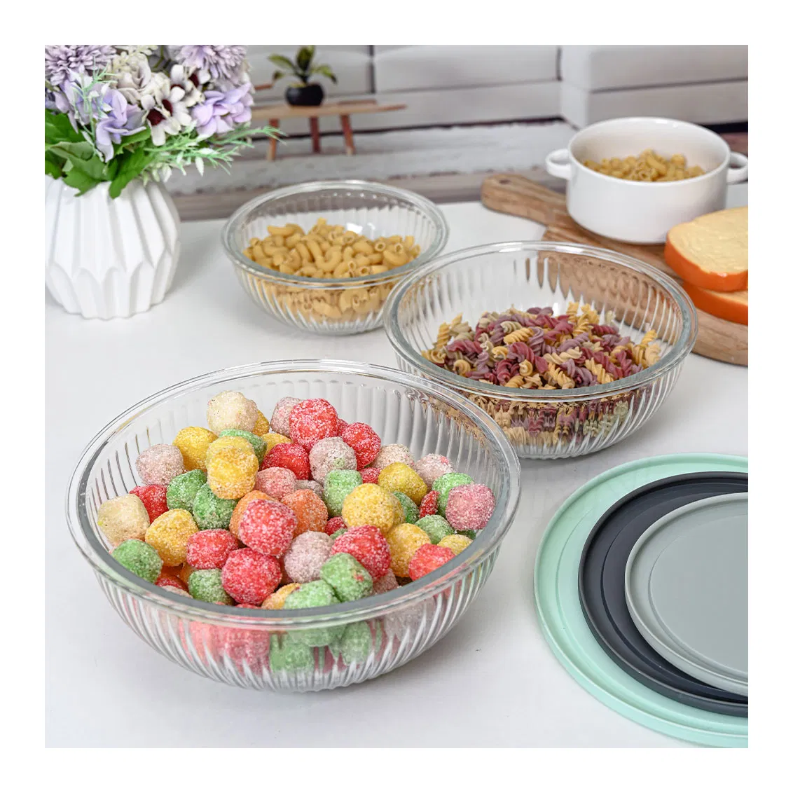 Round Microwave Oven Safe Glass Mixing and Serving Salad Bowl