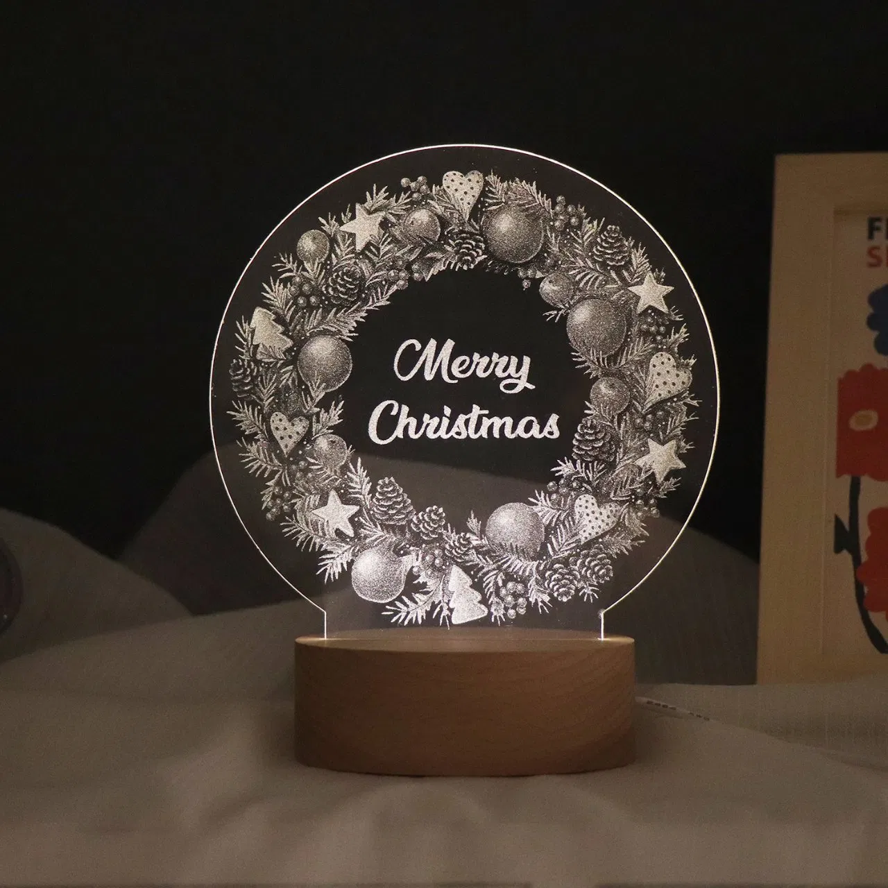 Merry Christmas Night Light LED Kids Lamp 5V USB Wood Light Base Acrylic Mood Lamp for Home Decor