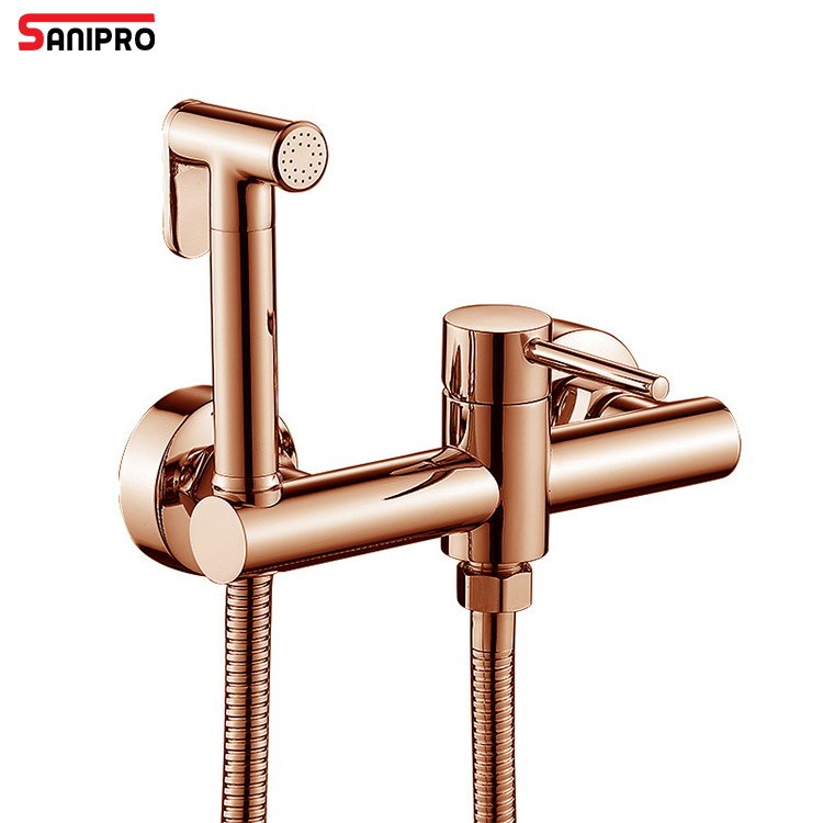 Sanipro Rose Gold Wall Mounted Toilet Bidet Kit for Bathroom, Brass Shattaf Sprayer Set High Pressure Spray Gun
