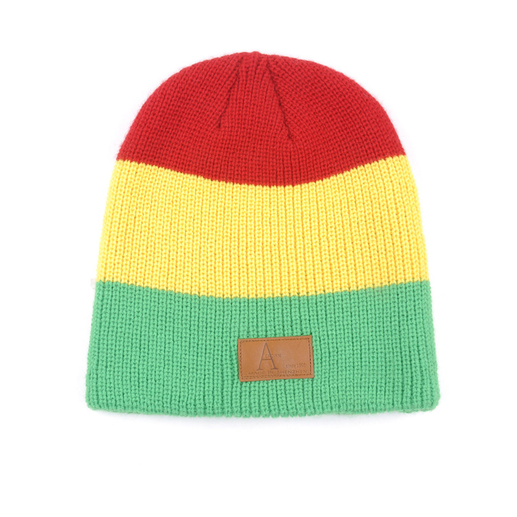 Rainbow Color Soft Winter Beanie Knitted Hat for Adults with Leather Patch Label