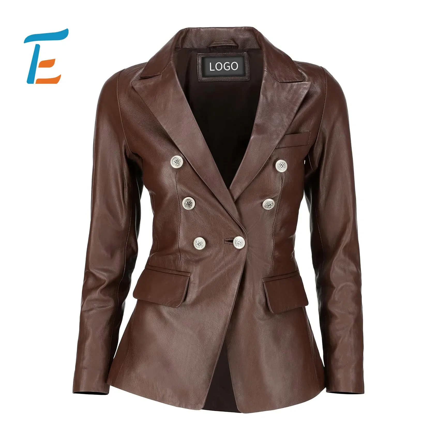 Double Breasted Fancy Buttons Leather Jacket Women Lambskin Casual Work Office Blazer