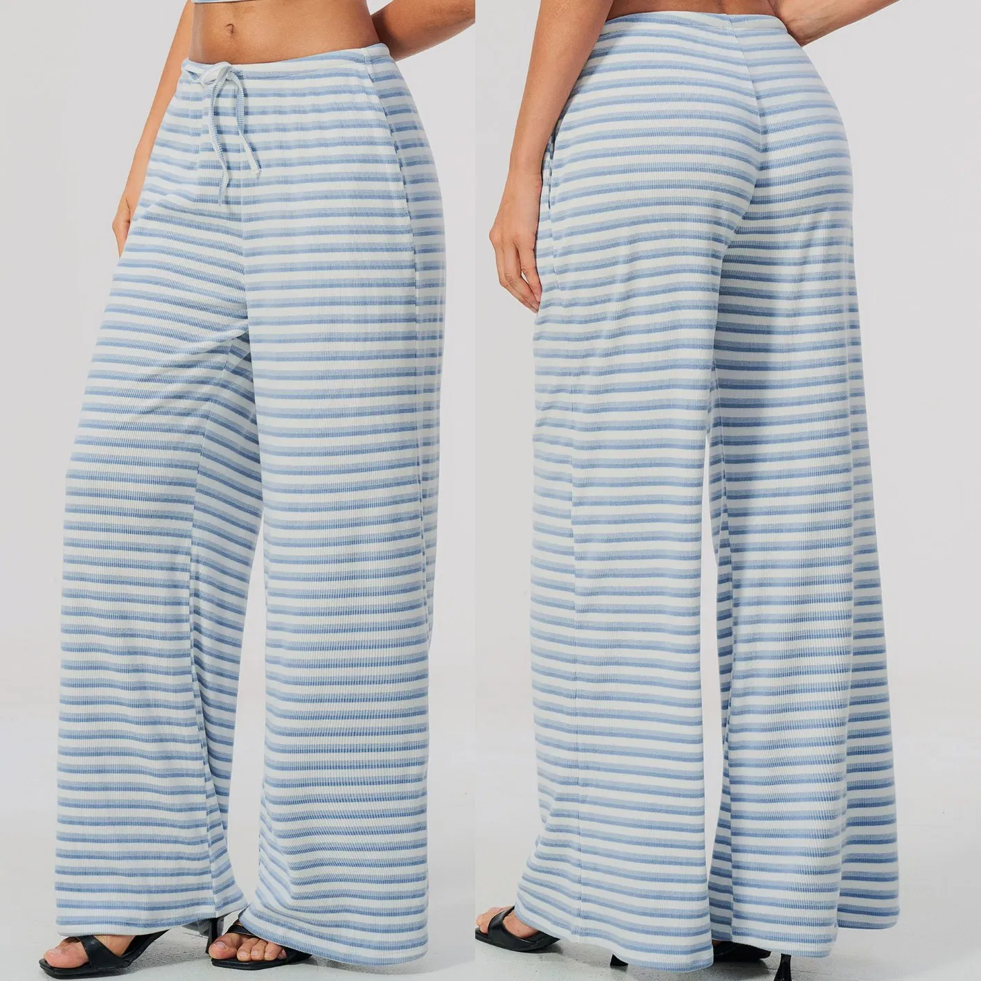 Women Striped Wide Leg Pants, Ribbed Knit High Waist Flowy Trousers with Drawstring & Side Pockets, Casual Loose Lounge Pants