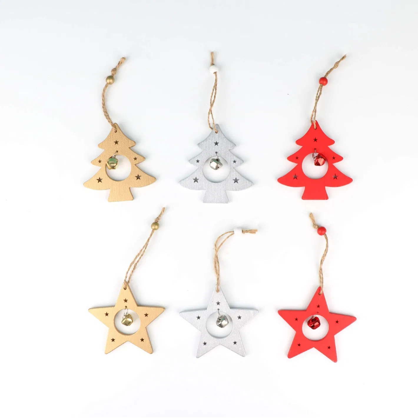 Wooden Christmas Tree Star Hanging Ornaments with Bell for Office, Shop Decoration