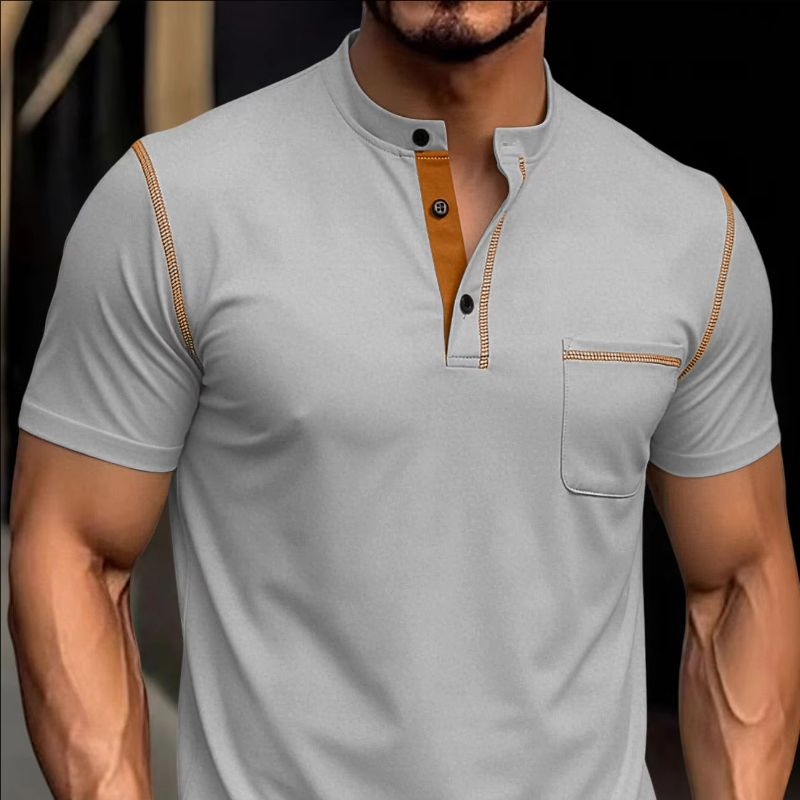 Men's Henley T-Shirt Short Sleeve Button Placket Contrast Trim Pocket Summer T-Shirt