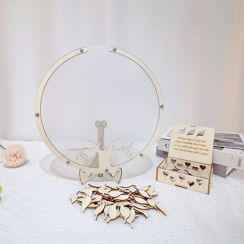 Personalized Wedding Round Guestbook Alternative with Wood Maple Leaf for Wedding Sign-in Table
