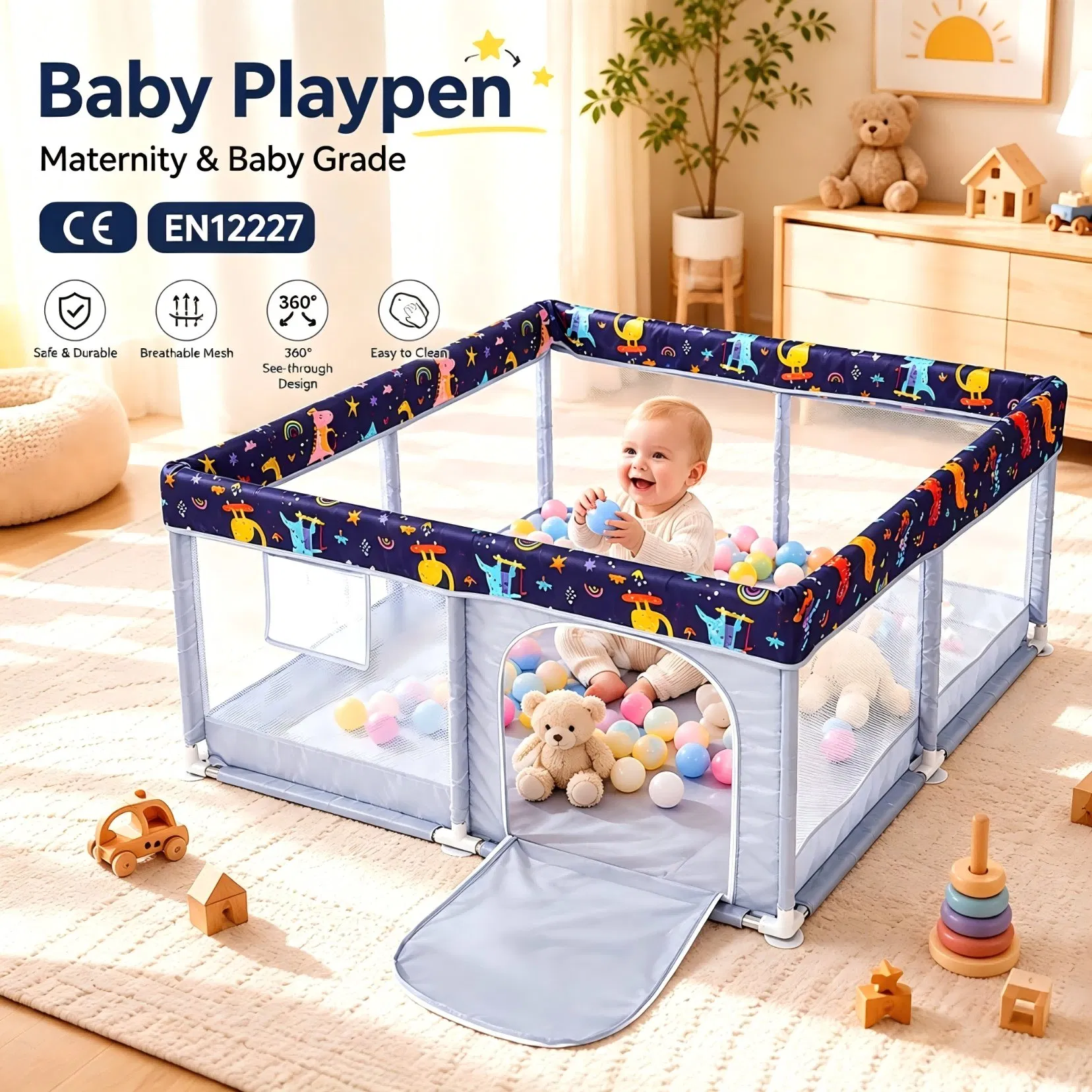 Baby Playpen Foldable Safety Fence Indoor Playground with Gate