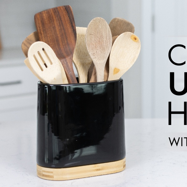 Large Kitchen Black Utensil Holder Countertop Bamboo Wooden Base Cooking Utensils Ceramic Tool Crock Cylindrical Oval Shape Narrow Spatula Organizer