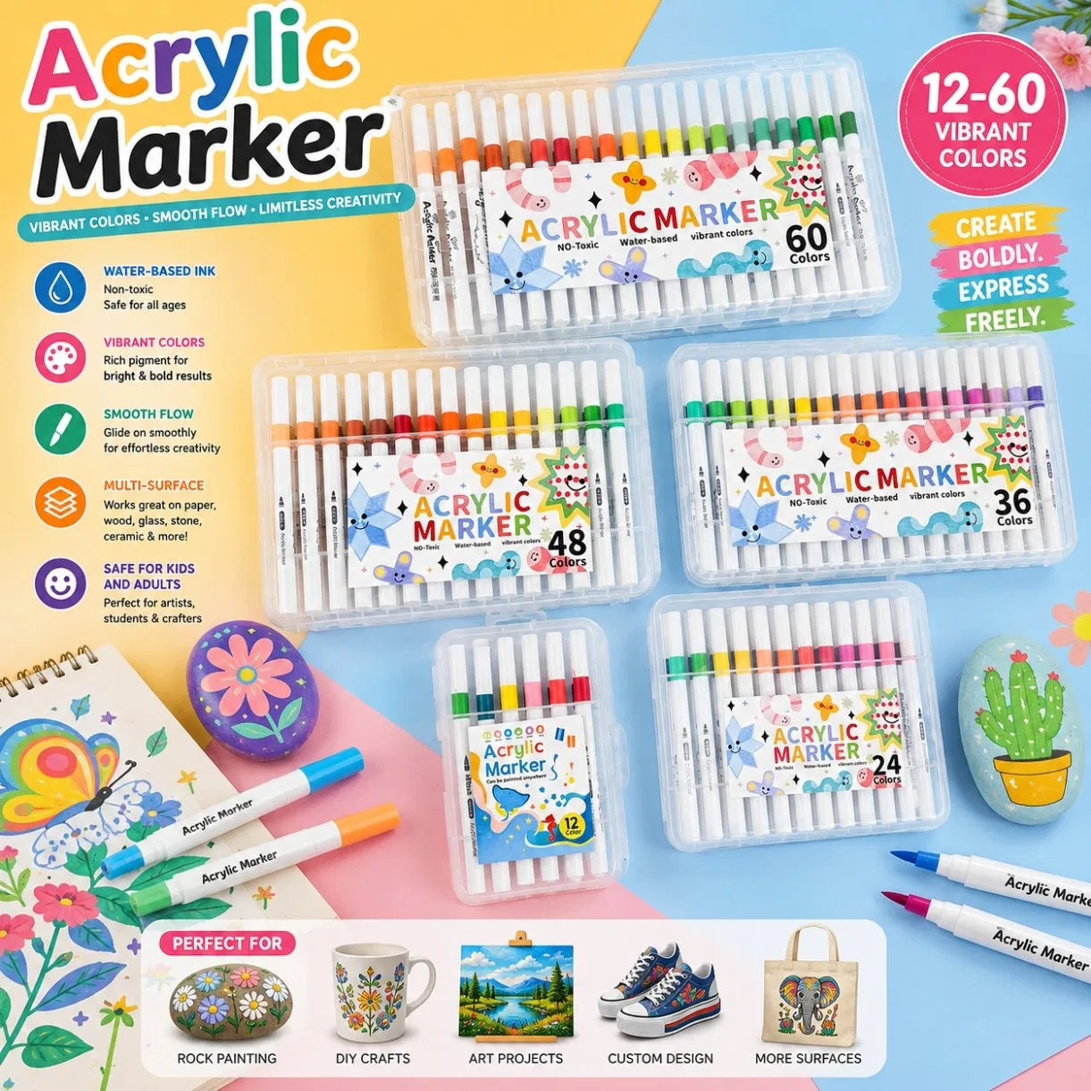 Pagather Flexible Brush Tip Acrylic Markers Bright Quick Dry Ink for Multi Surface DIY Crafts Creative Art Projects
