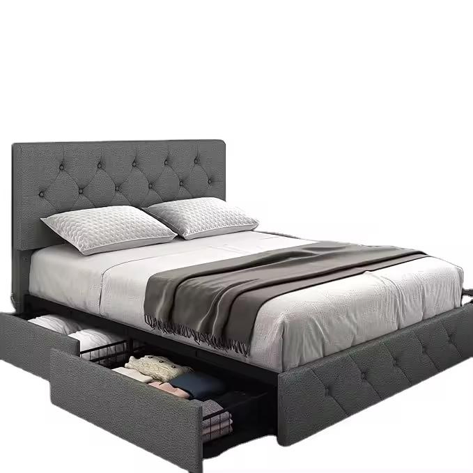 Factory Direct 4 Storage Drawers/Adjustable Button Tufted Headboard Extra Large Cushioned Platform Bed for Easy Assembly