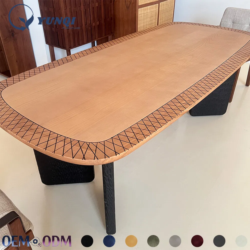 Ash Wood Rounded Rectangle Dining Table Inlaid Grid Line Solid Wood Dinner Table