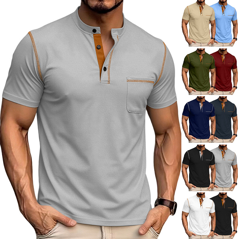 Men Mandarin Collar Contrast Stitching Short Sleeve Pocket Polo Shirt