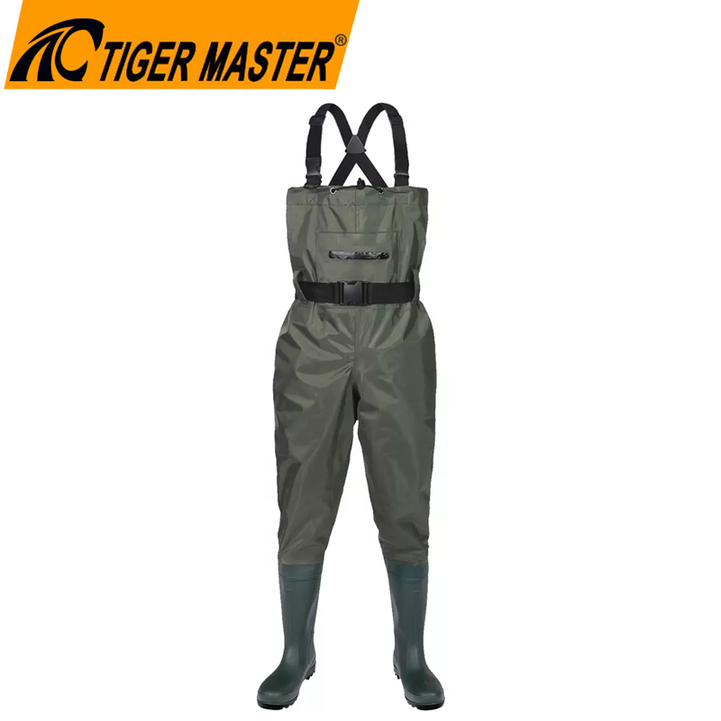 Men Front Zipper Pocket Water Proof Nylon PVC Fishing Chest Wader with PVC Boots