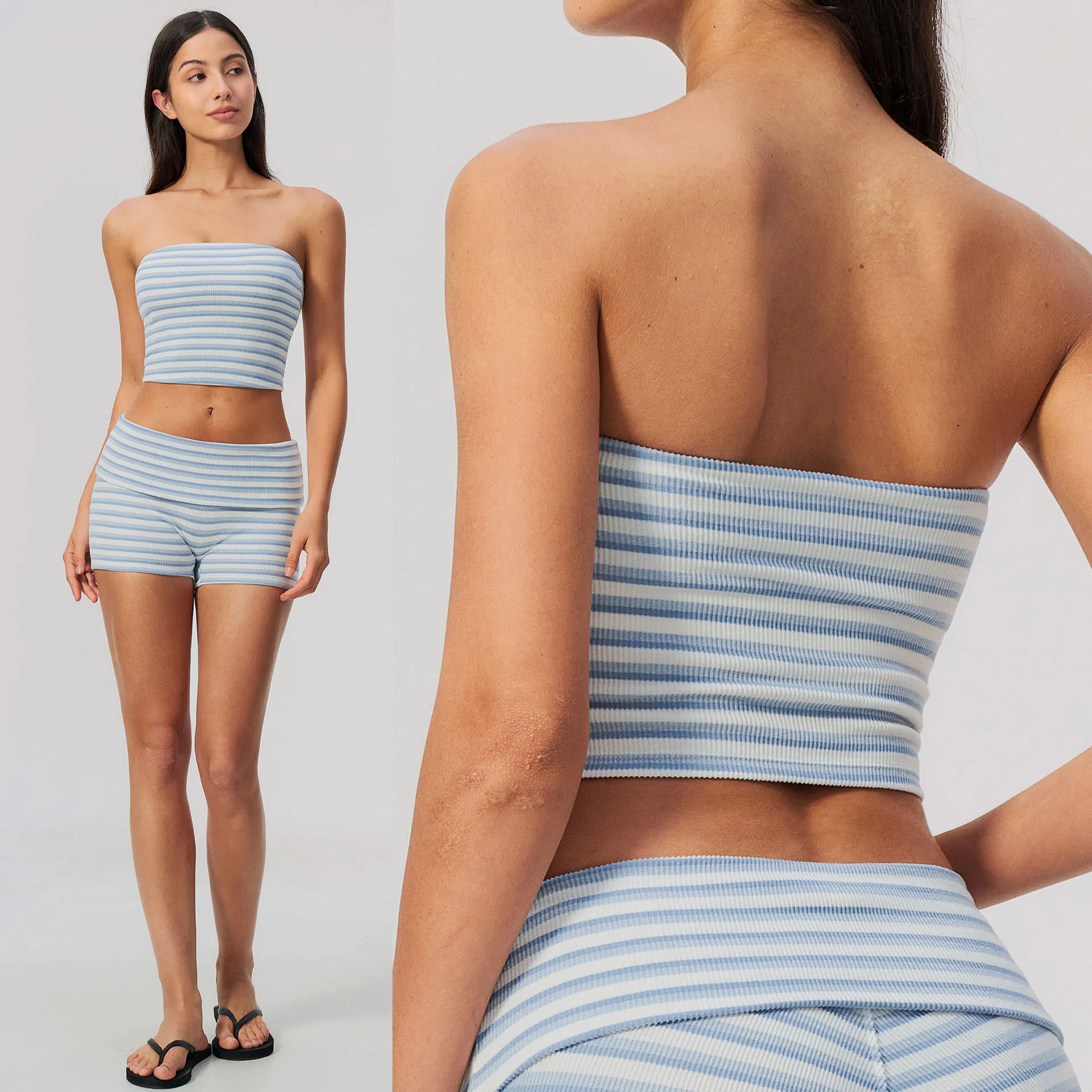 Women Striped Strapless Tube Top, Ribbed Knit Bandeau Crop Top with Removable Pads, Sleeveless Backless