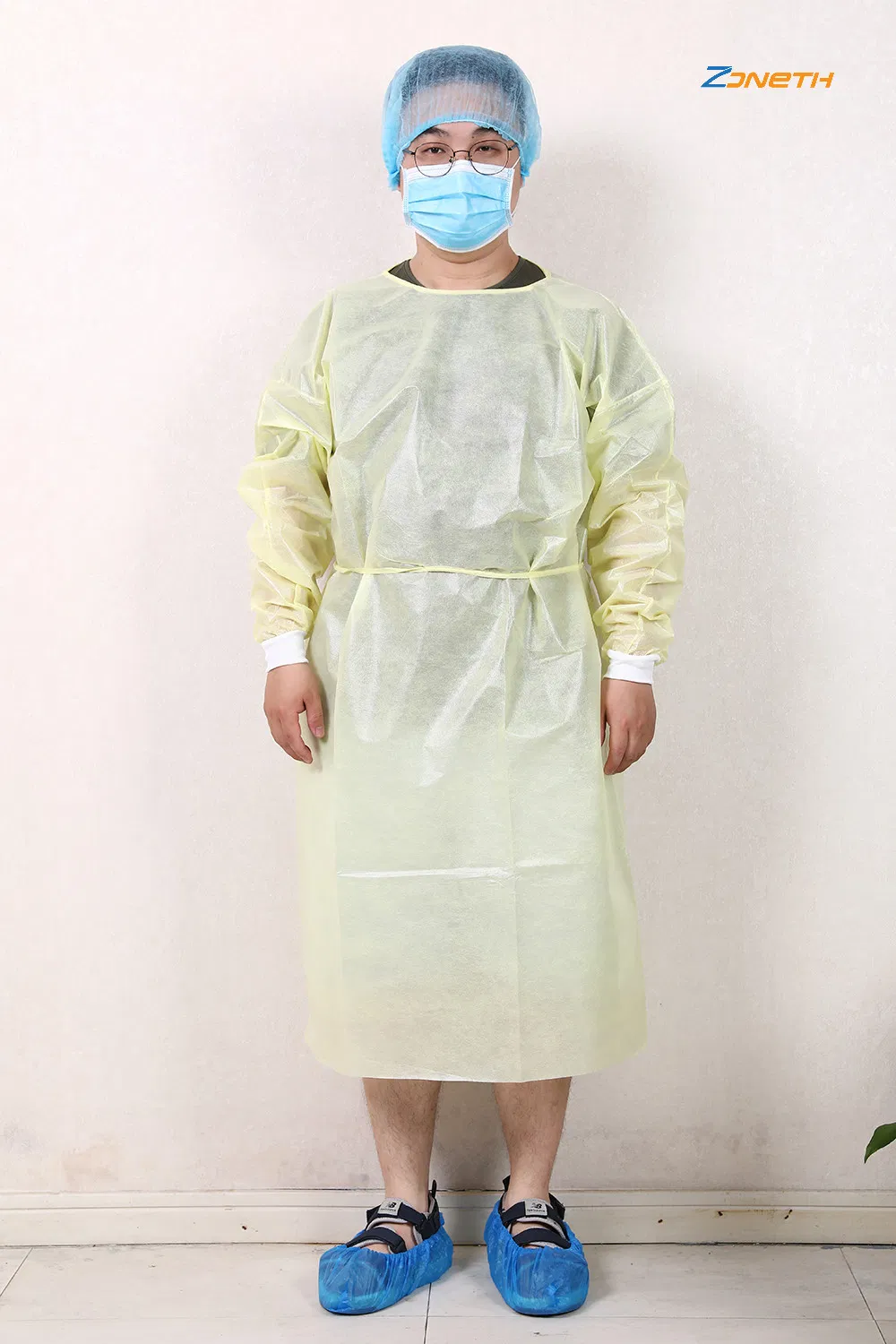 Disposable Isolation Gown/40g/ PP Non Woven Fabric and PE Film Coated/Yellow/Blue